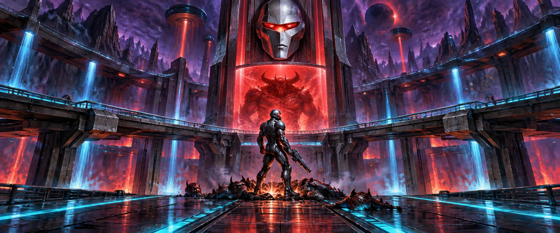 An armoured gladiator stands over wrecked foes in a neon arena beneath a giant masked face.