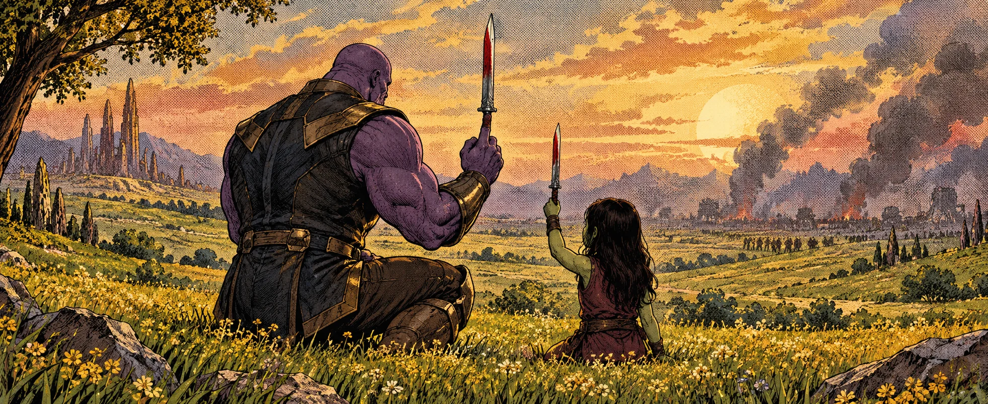 A purple giant sits in a sunlit meadow beside a young girl, each balancing a knife upright in the light.