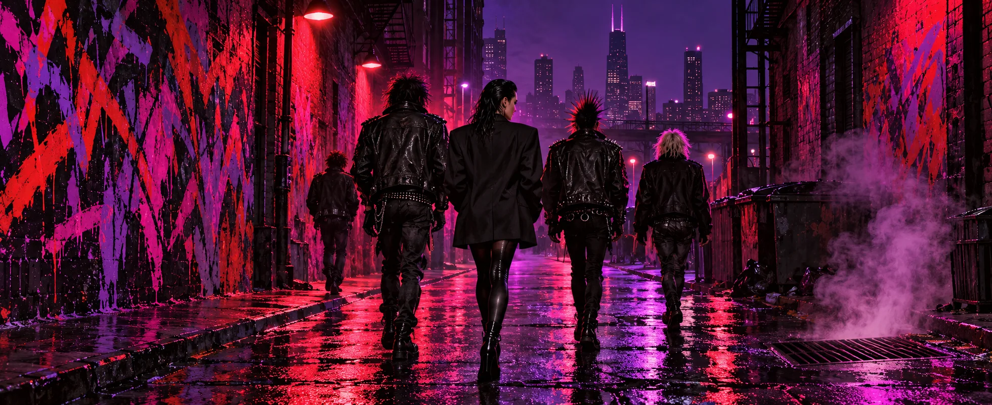 A girl with slicked-back hair and a black blazer walks with a punk crew in leather jackets down a neon-lit alley at night, steam rising from a grate.