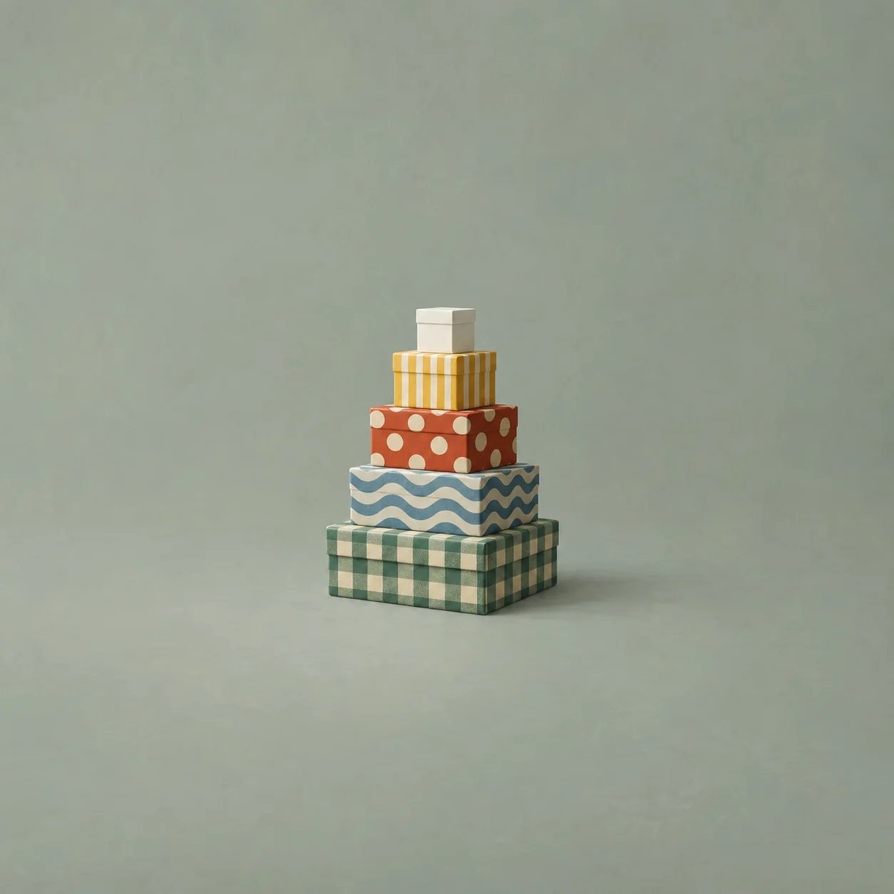 Nested gift boxes wrapped in stripes, dots, waves and checks, with a bare white box on top, on a grey-green background.