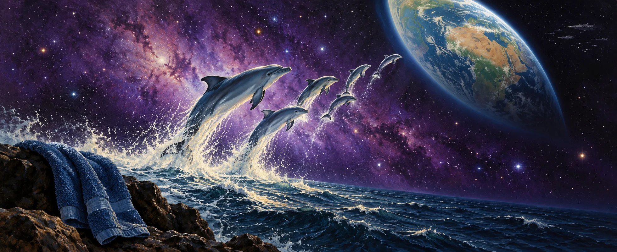 A pod of dolphins leaps from the sea into a starry purple sky towards a huge Earth, a blue towel draped on a rock in the foreground.