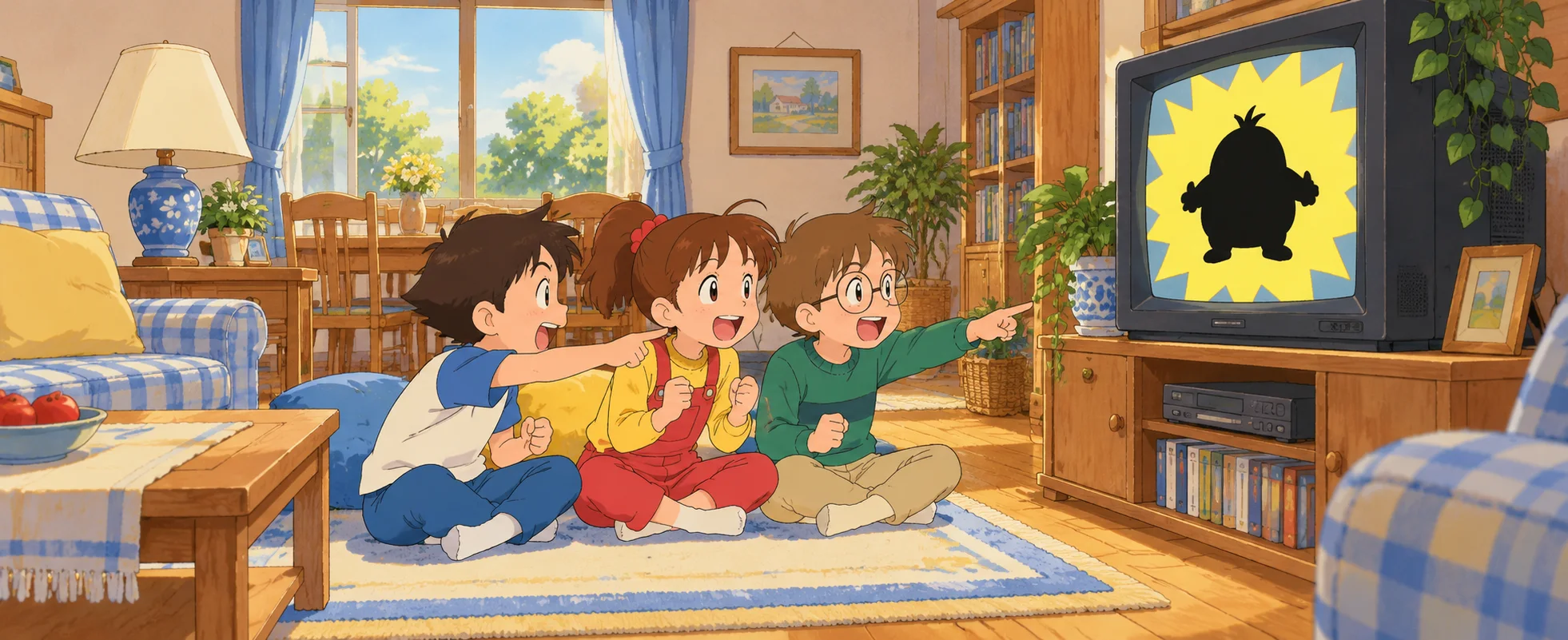 Three children on a living-room rug point and shout at a TV showing a black creature silhouette on a yellow burst.