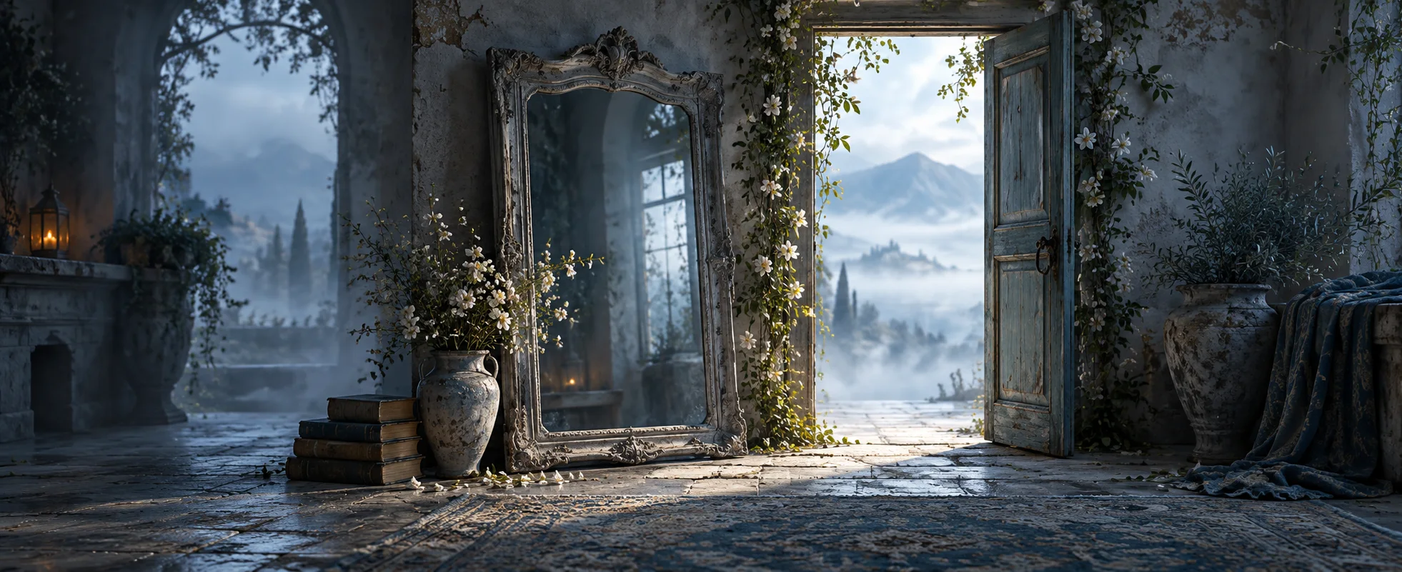 A worn grey mirror frame stands beside an open doorway in pale blue mist.