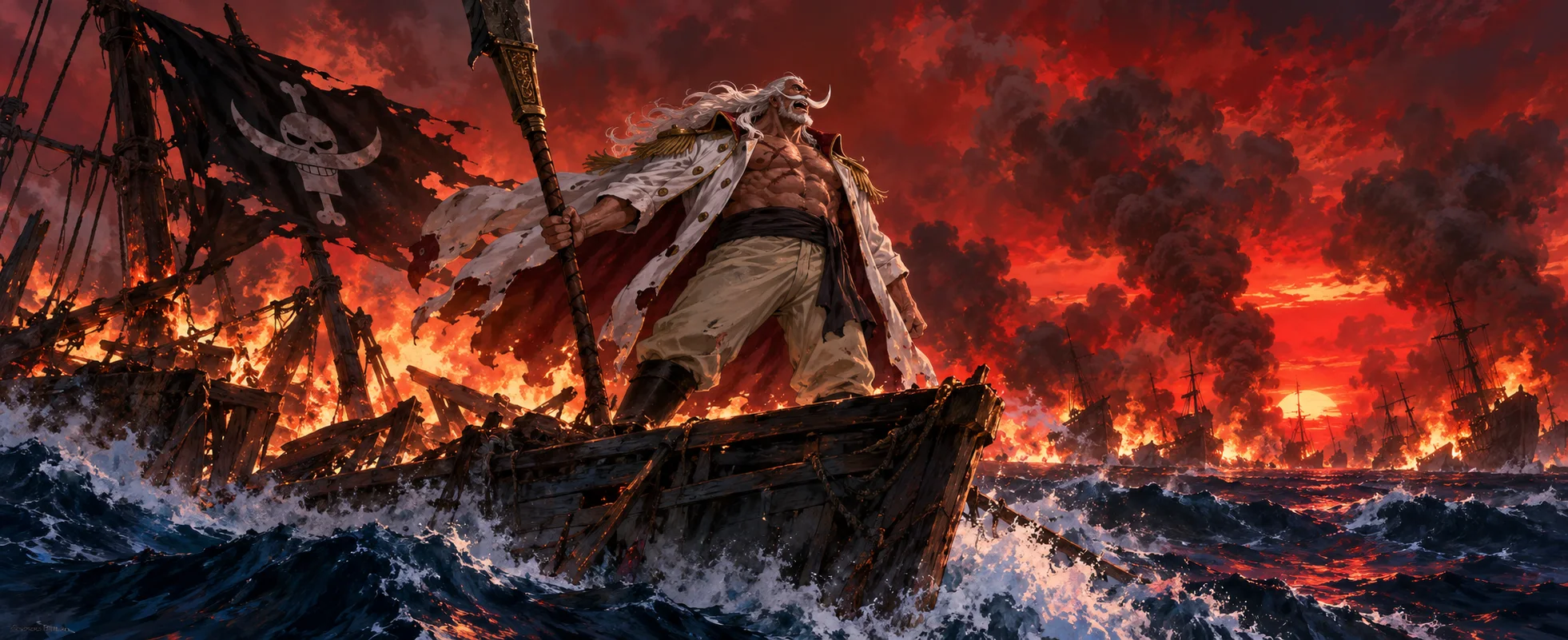 A towering old pirate captain with a white moustache stands on a burning ship under a blood-red sky.
