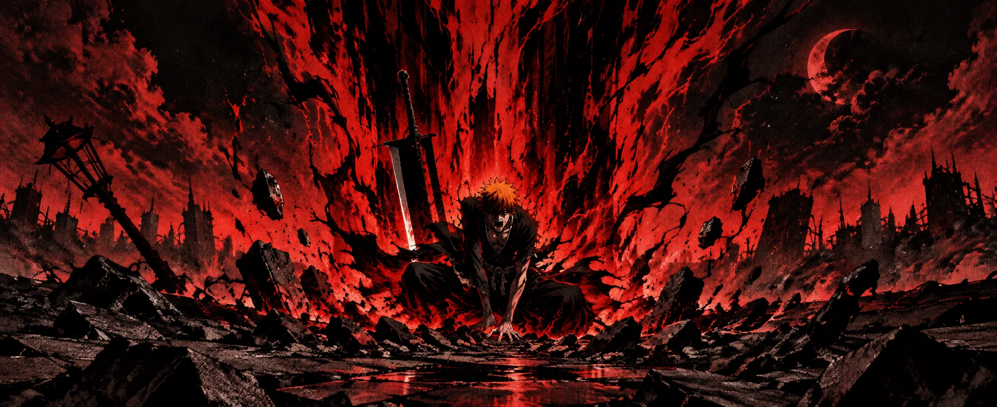 A crouching figure is engulfed in a red-black blaze of energy among ruins under a red crescent moon.