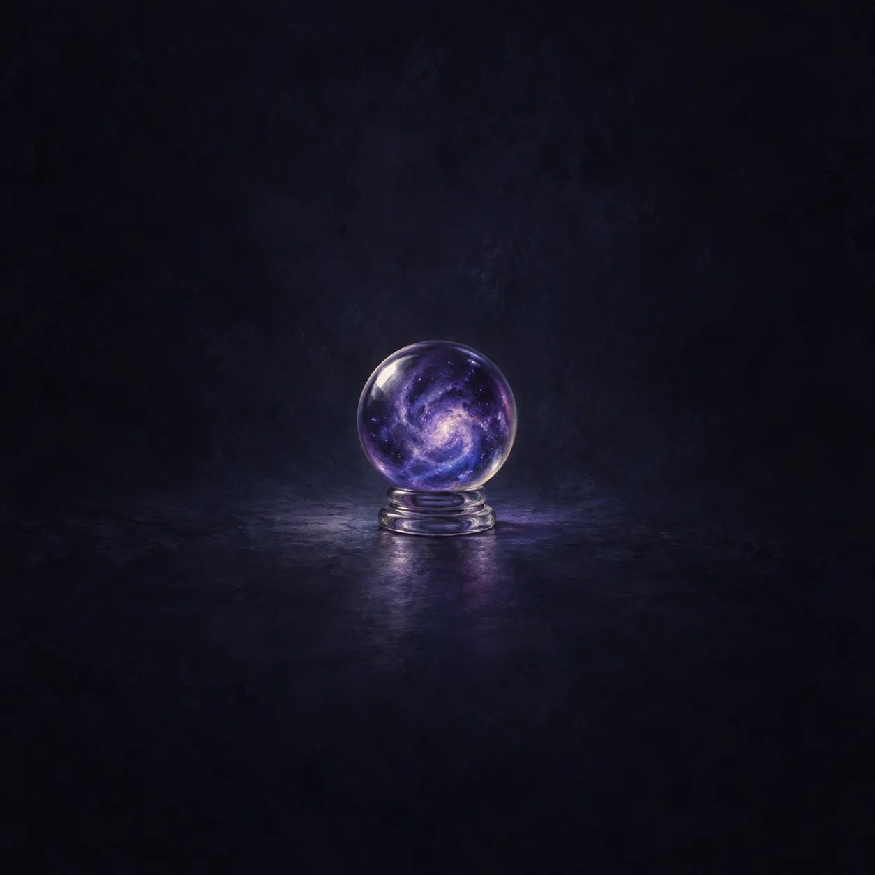 A glass orb filled with swirling violet light rests on a small clear stand against a dark indigo background.