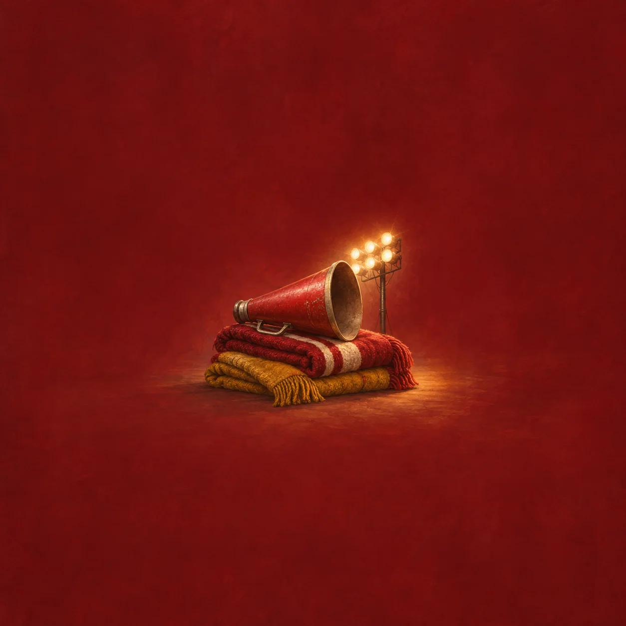 Painterly red megaphone resting on folded red and gold blankets beside glowing stadium lights.