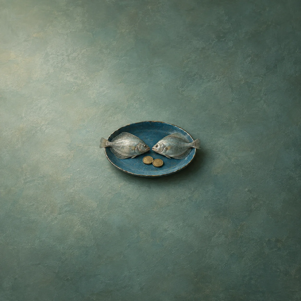 Two silver fish face each other on a blue plate beside two gold coins.