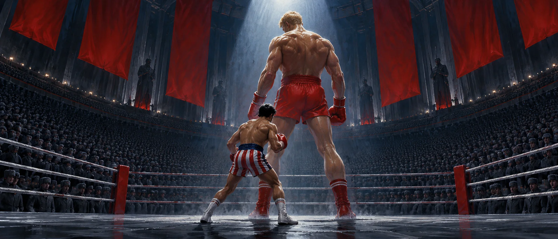 A towering blond boxer in red trunks looms over a smaller fighter in a vast Moscow arena hung with red banners.