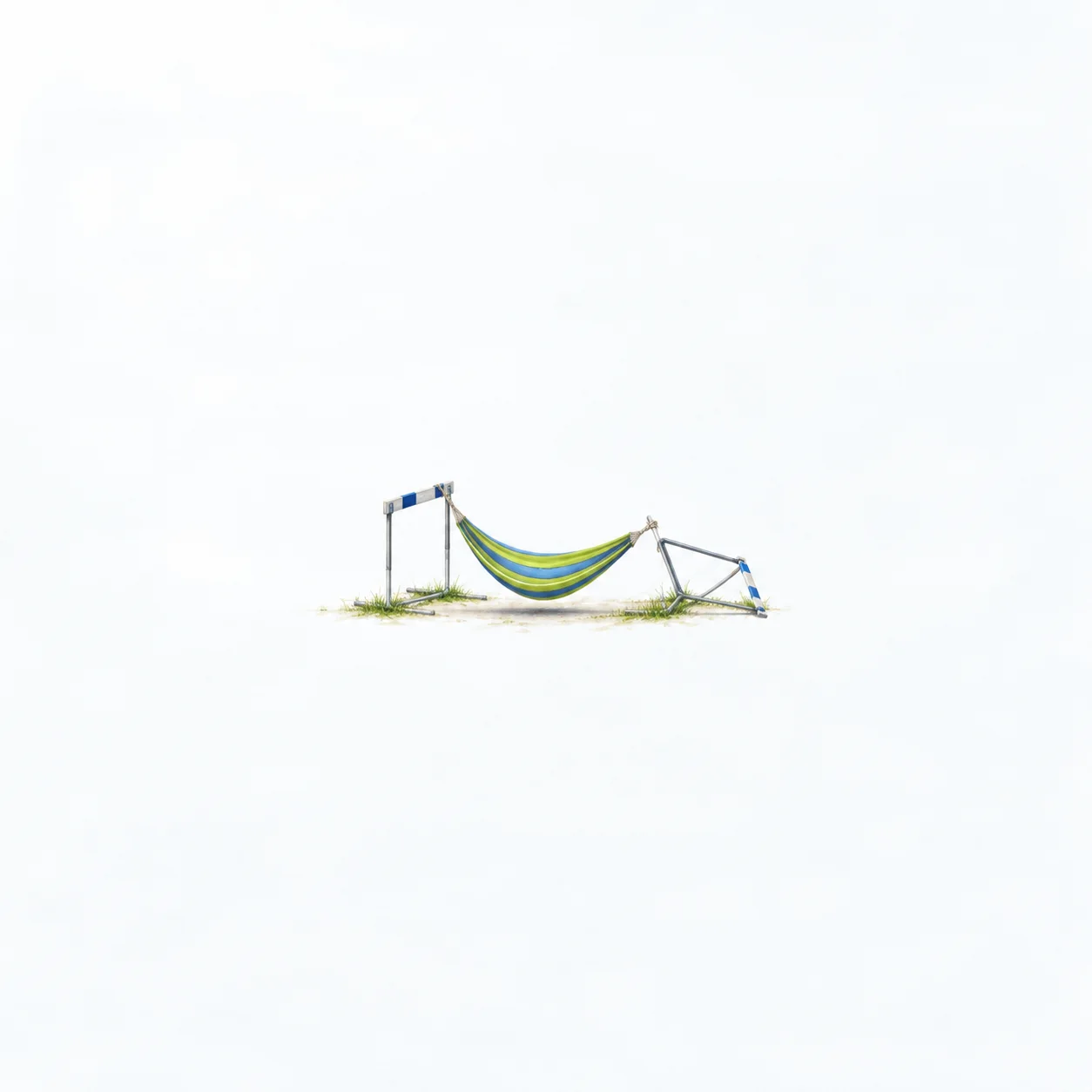 A lime-and-blue striped hammock stretched between two small hurdles, one leaning over, against a white background.