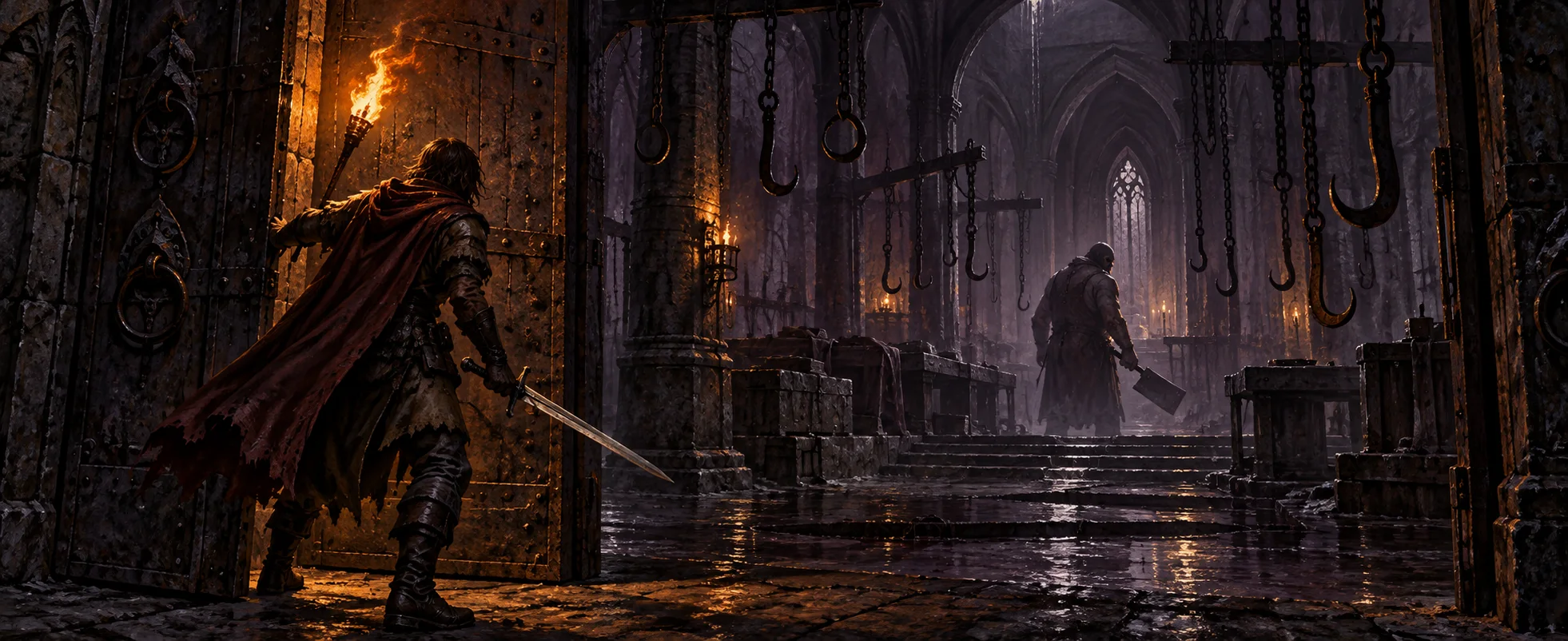 A lone adventurer with a torch pushes open an iron door as a hulking figure with a cleaver turns in a dark cellar hung with chains.