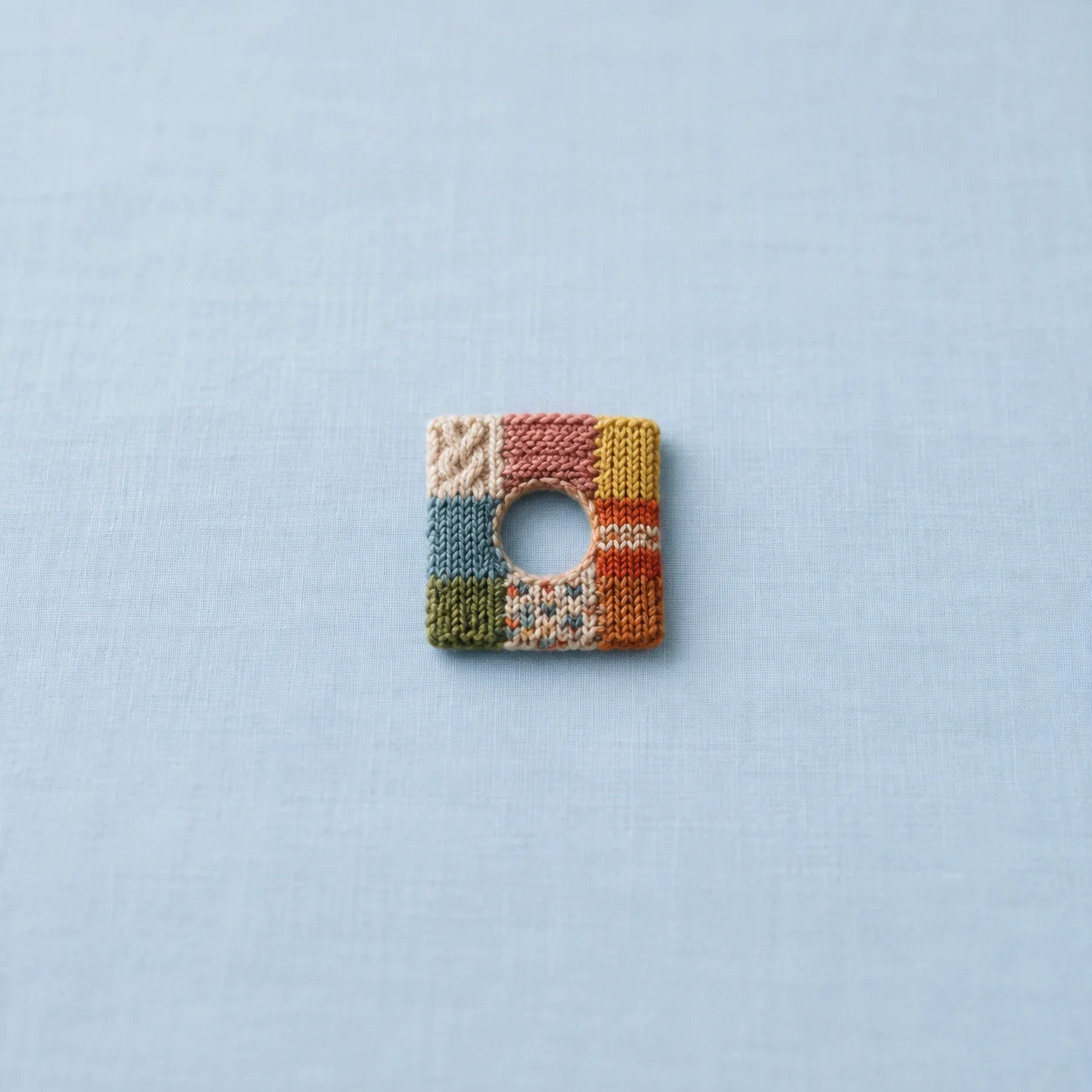 A colourful knitted patchwork square has a round hole through its centre against pale blue.