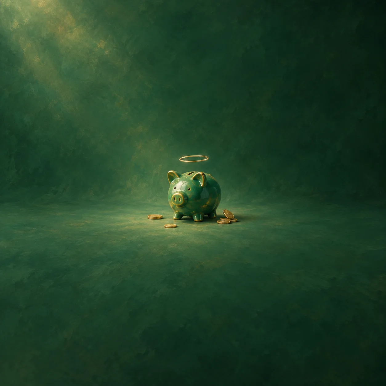 A green piggy bank stands beneath a floating gold halo with scattered coins beside it.
