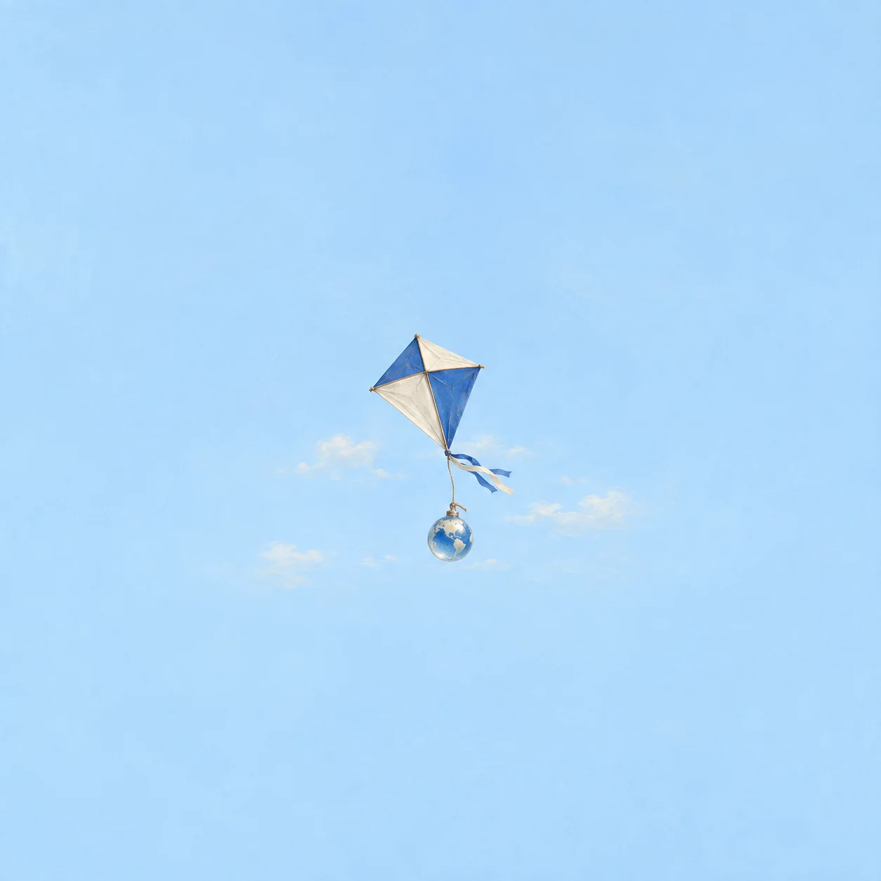 A blue and cream paper kite with a small glass globe hanging from its string against a sky-blue background.