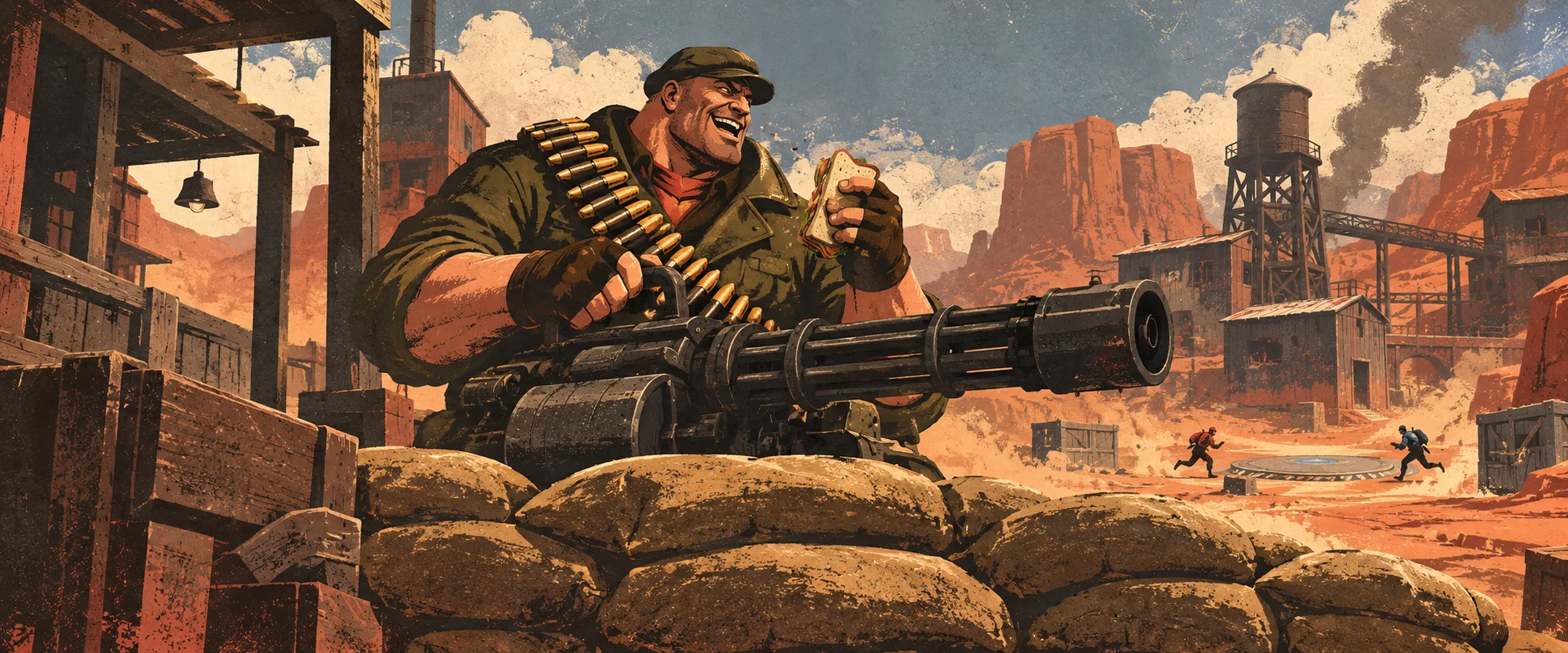 A burly grinning soldier with a huge minigun eats a sandwich behind sandbags in a desert base.