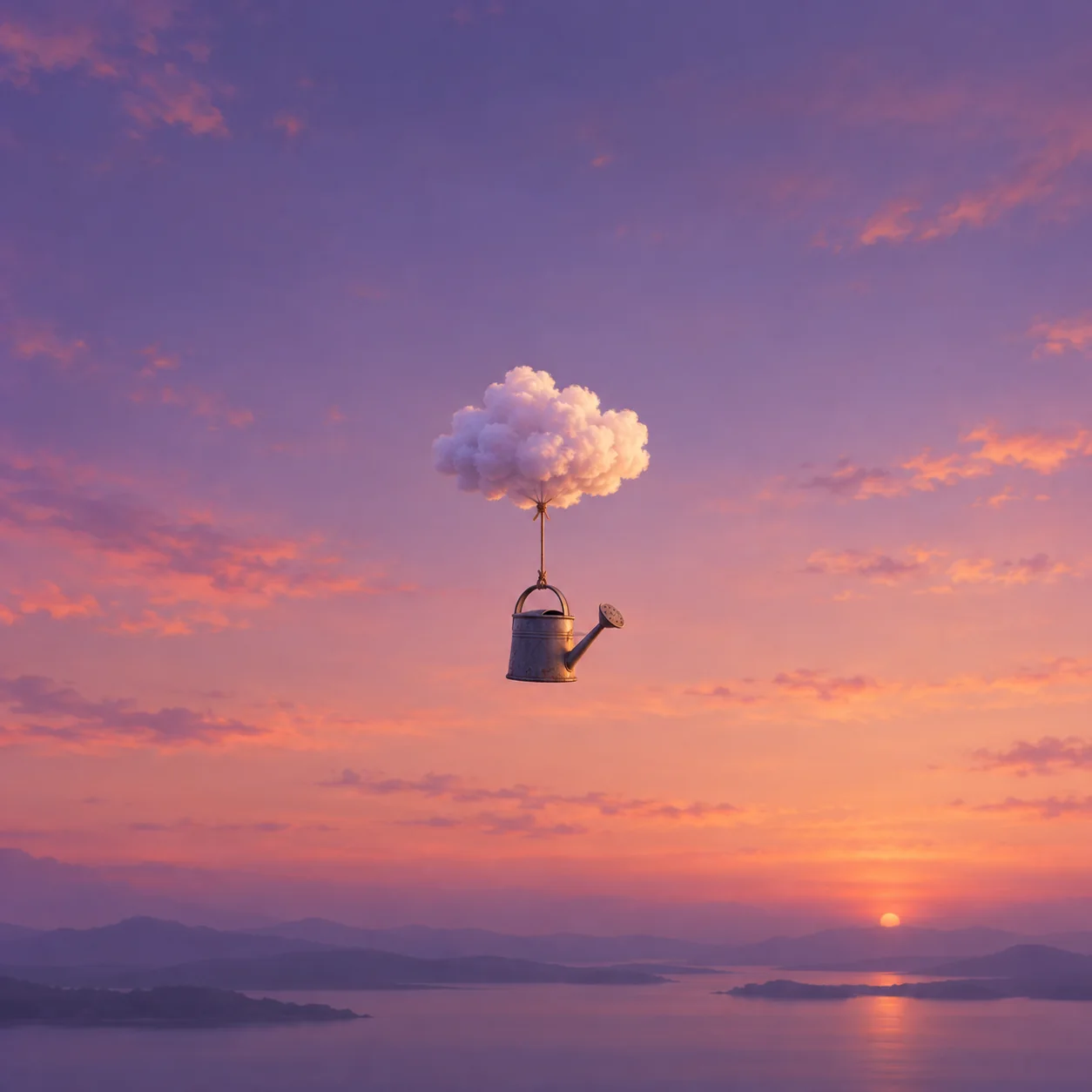 A small watering can hangs by a string beneath a fluffy cloud above a purple and peach sunset landscape.