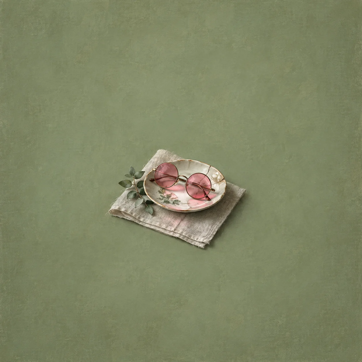 Round rose-tinted glasses rest on a floral plate over a folded cloth, with a leafy sprig beside them.