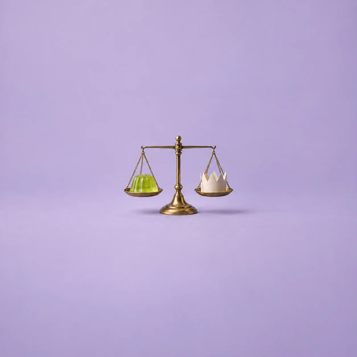 A brass balance holds a green jelly and white paper crown against lavender.