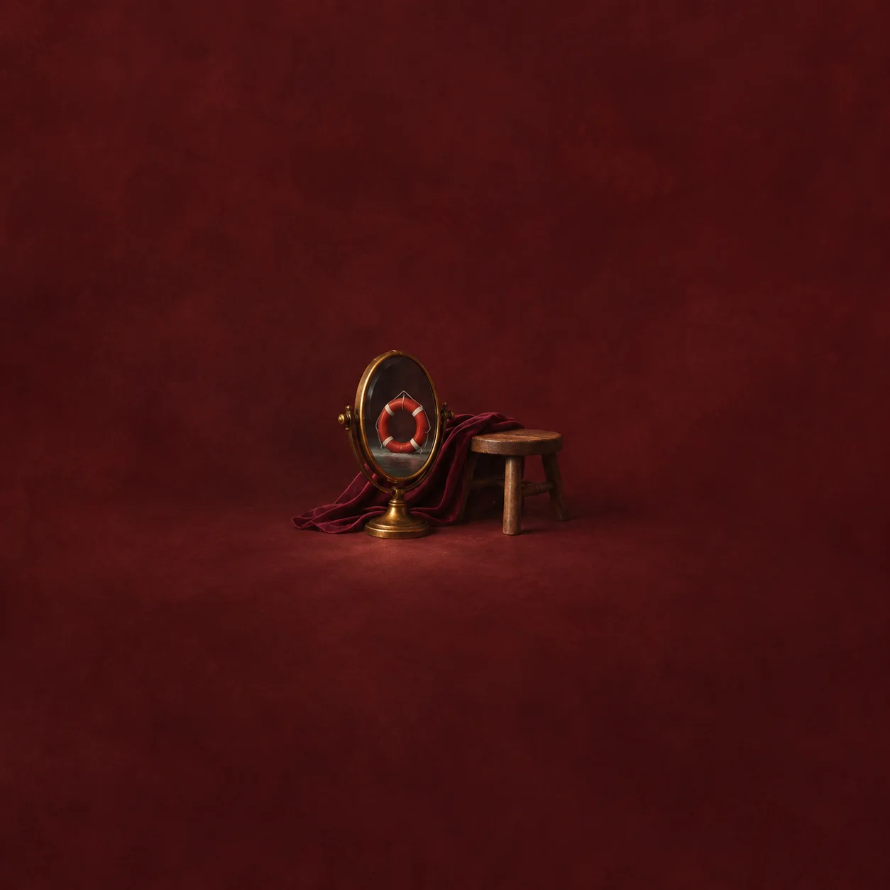 An oval mirror reflecting a red life ring stands beside a wooden stool and burgundy cloth.