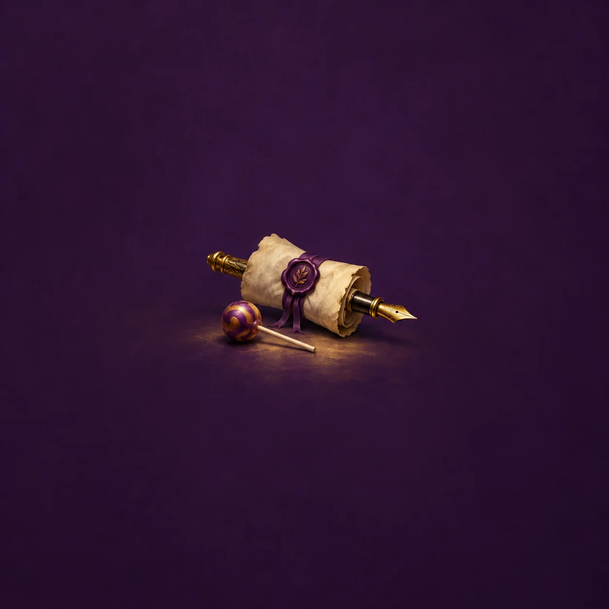 Painterly gold fountain pen through a sealed parchment scroll beside a small lollipop on purple.