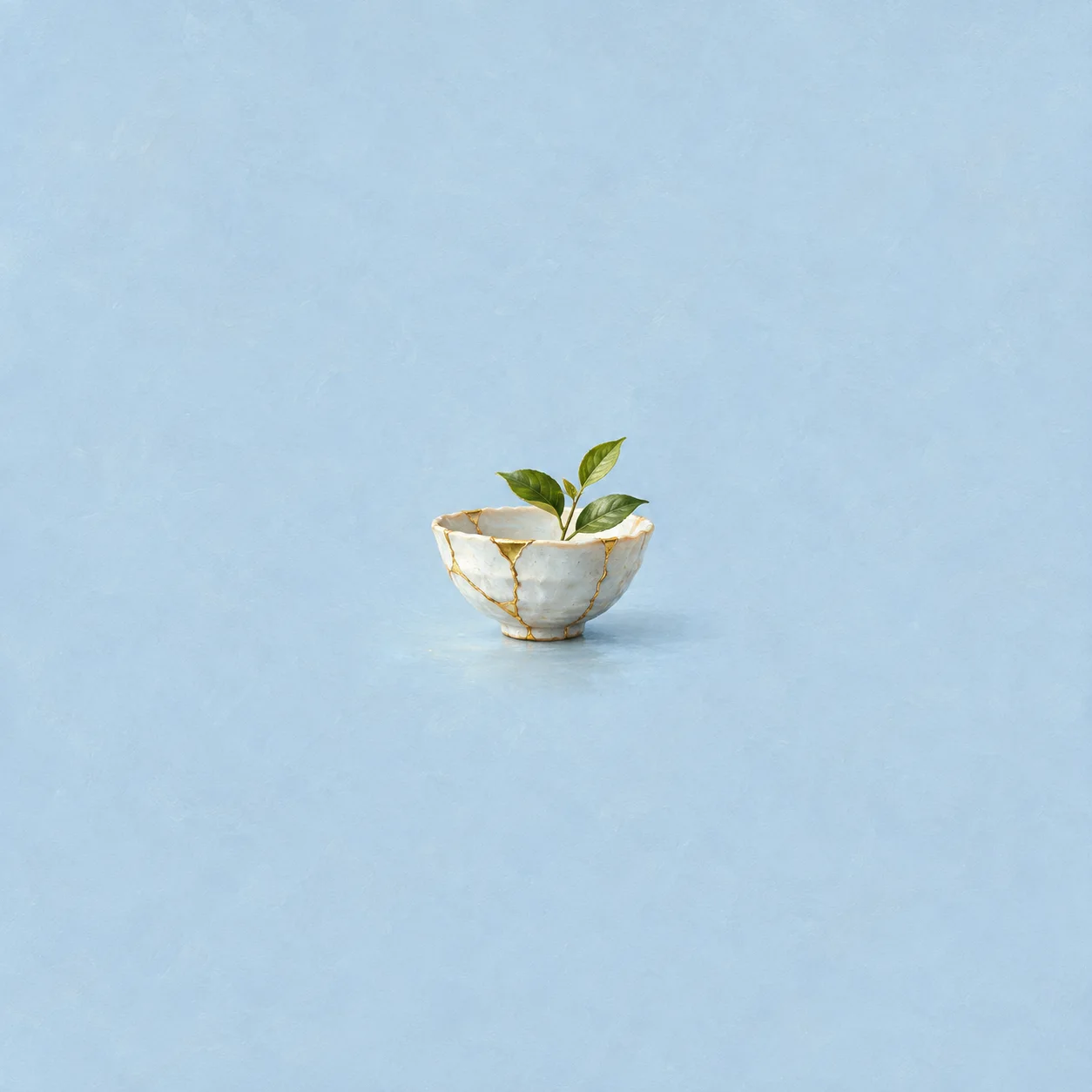 A cracked white bowl repaired with gold seams holds a small green sprig.