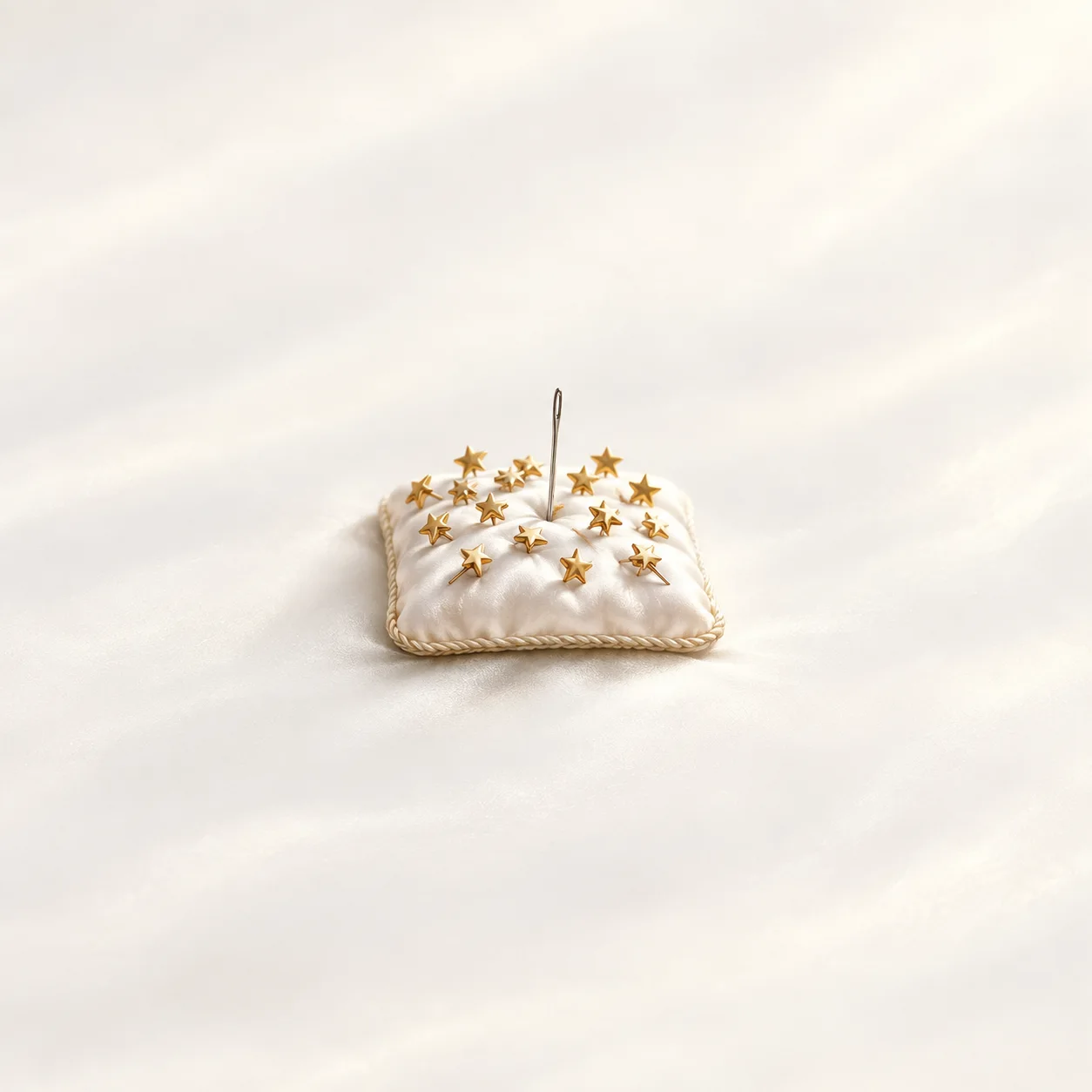 Gold star-headed pins surround a tall silver needle in a cream satin cushion.