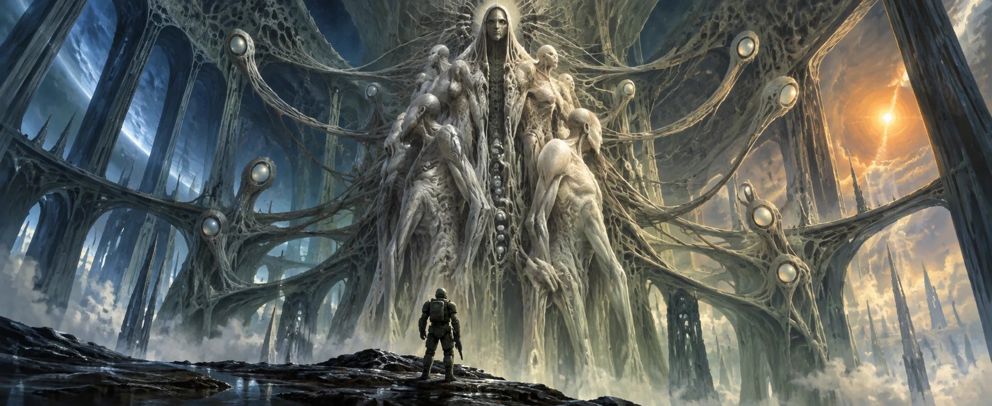 A lone armoured soldier faces a vast pale mass of tendrils filling a ruined hall.