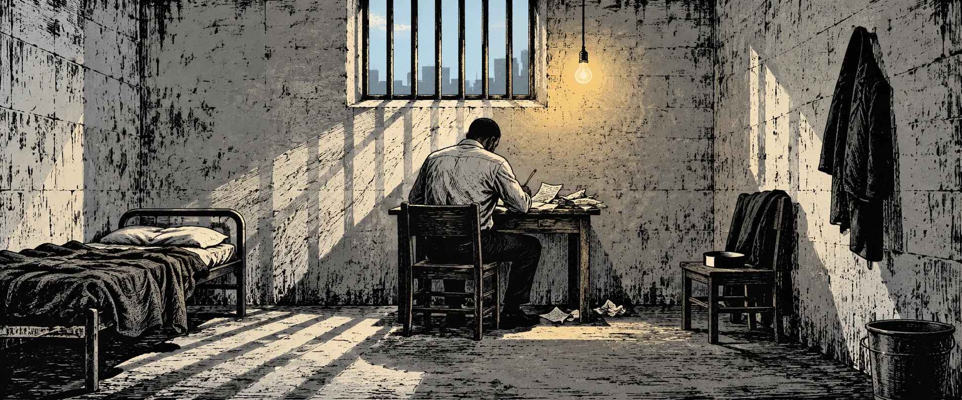 In a bare jail cell, a man seen from behind writes at a small table under a high barred window, light falling across the cot and the floor.