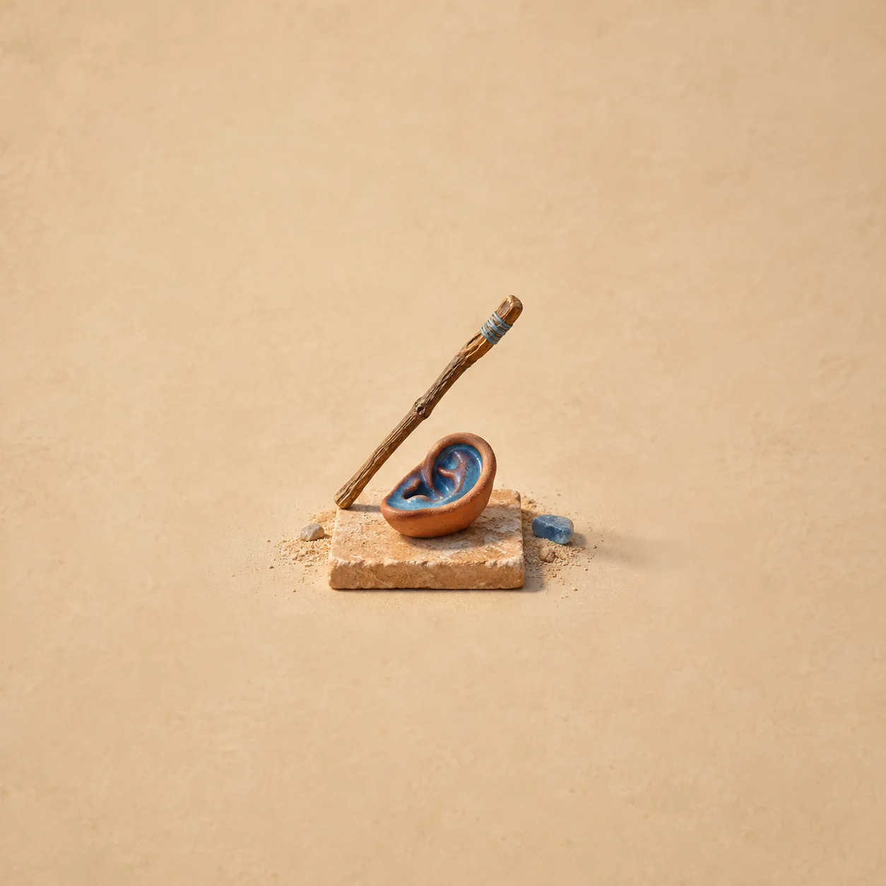 A long wooden stick leans above a small clay ear-shaped bowl on a sandy tile beside tiny stones.