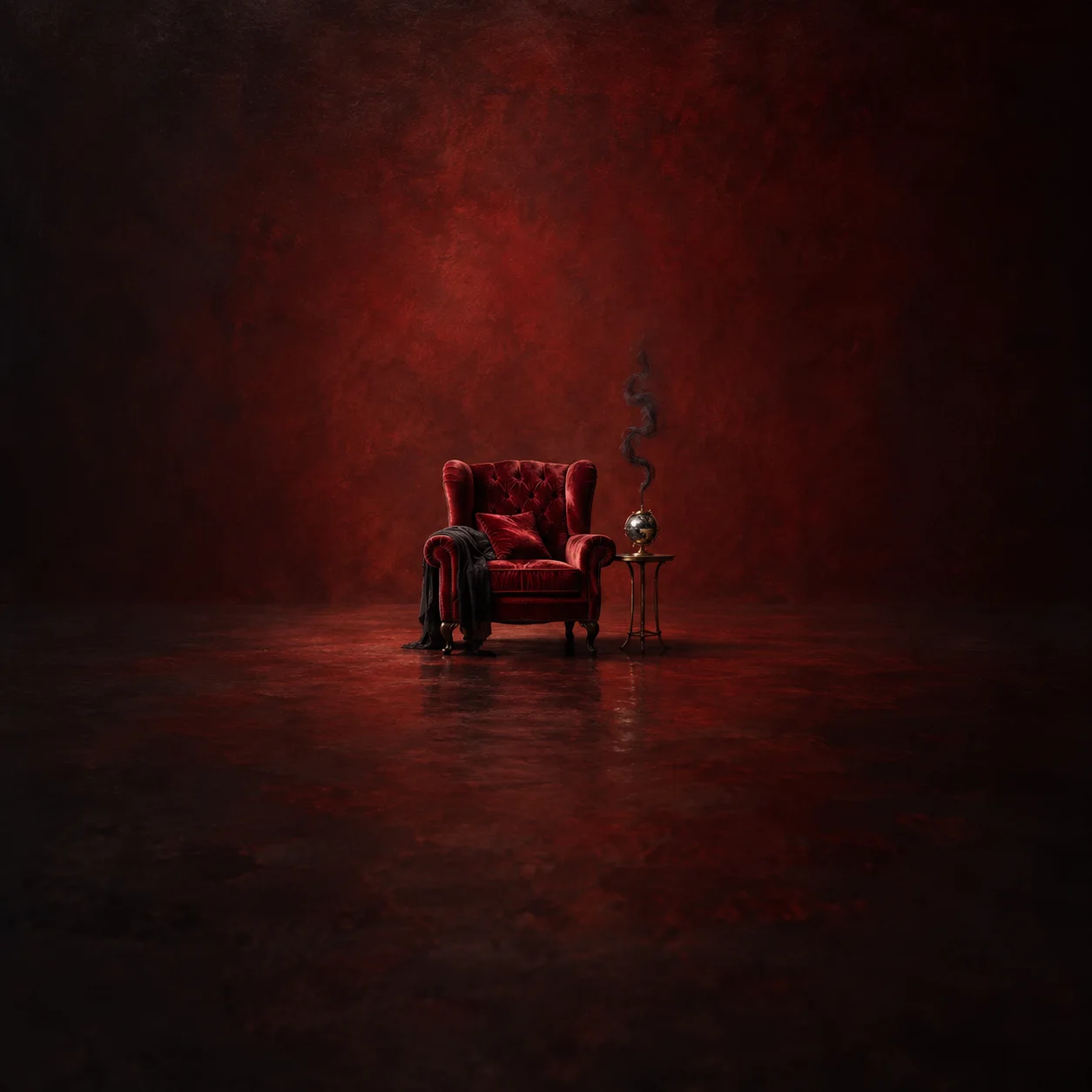 Painterly red velvet armchair beside a small smoking globe on a thin-legged stand against deep red.