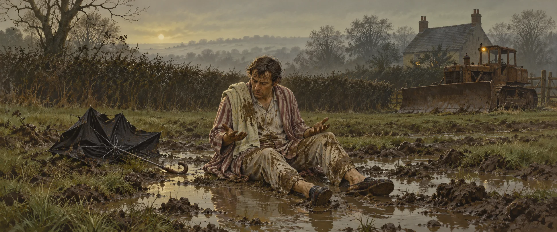 A man in a muddy dressing gown sits in a wet field by a broken umbrella as a bulldozer waits behind him.