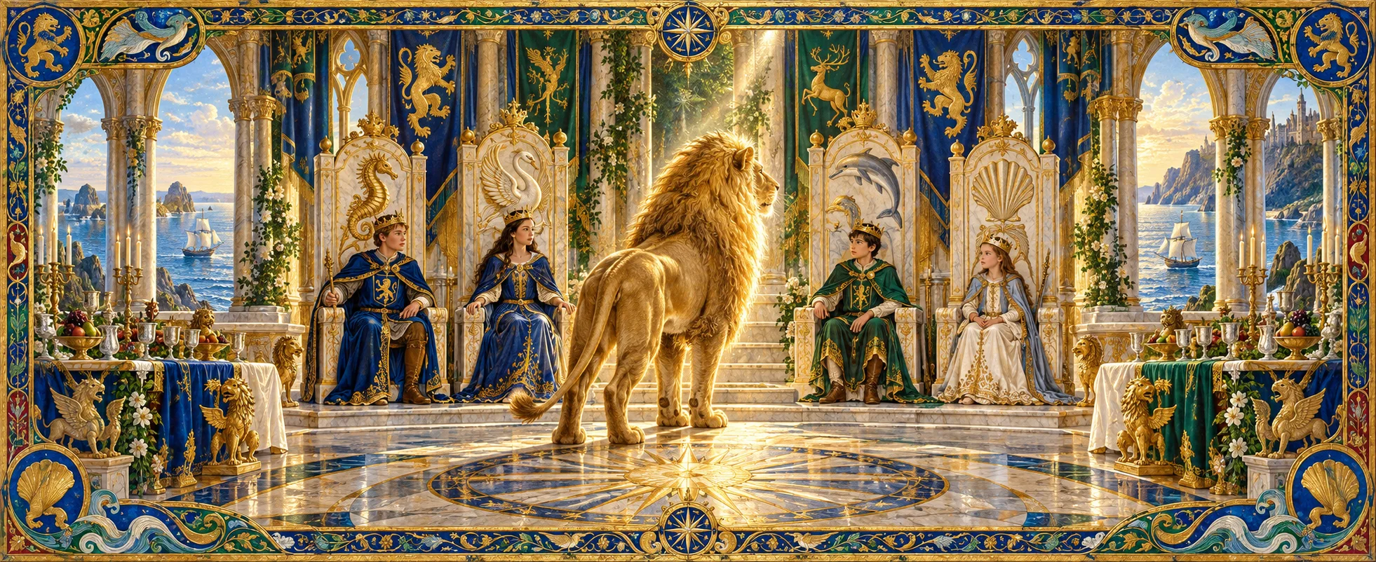 A great golden lion stands before four young kings and queens on thrones in a bright seaside hall, in an ornate illustrated border.