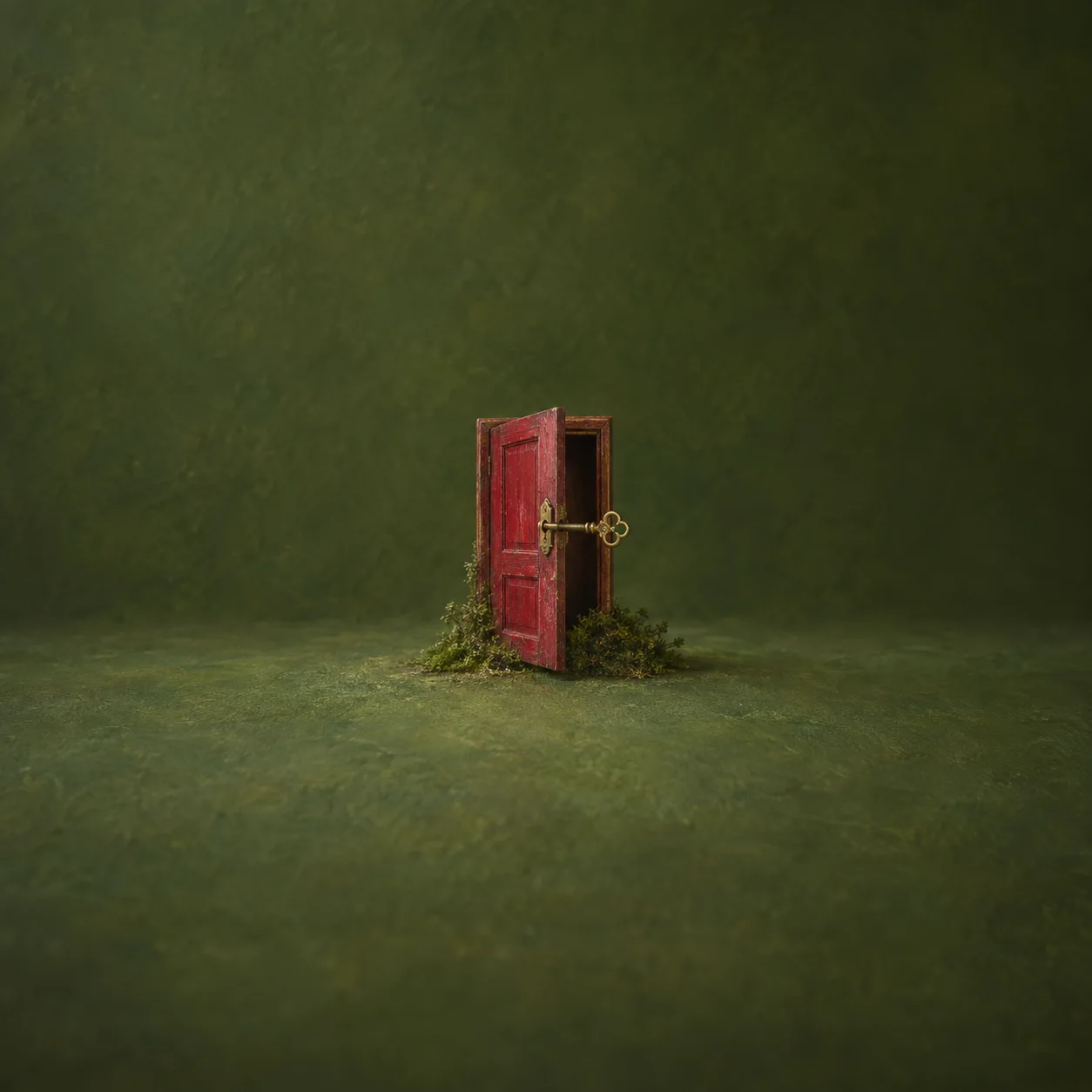 A miniature red wooden door standing ajar with a brass key in its lock and moss around its base.