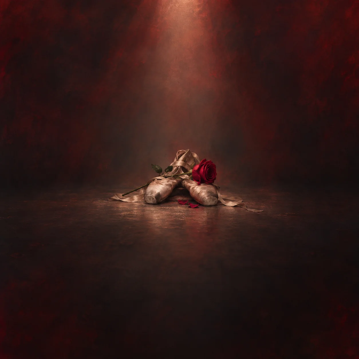 A red rose lies across worn ballet shoes with loose ribbons under a spotlight on dark red ground.