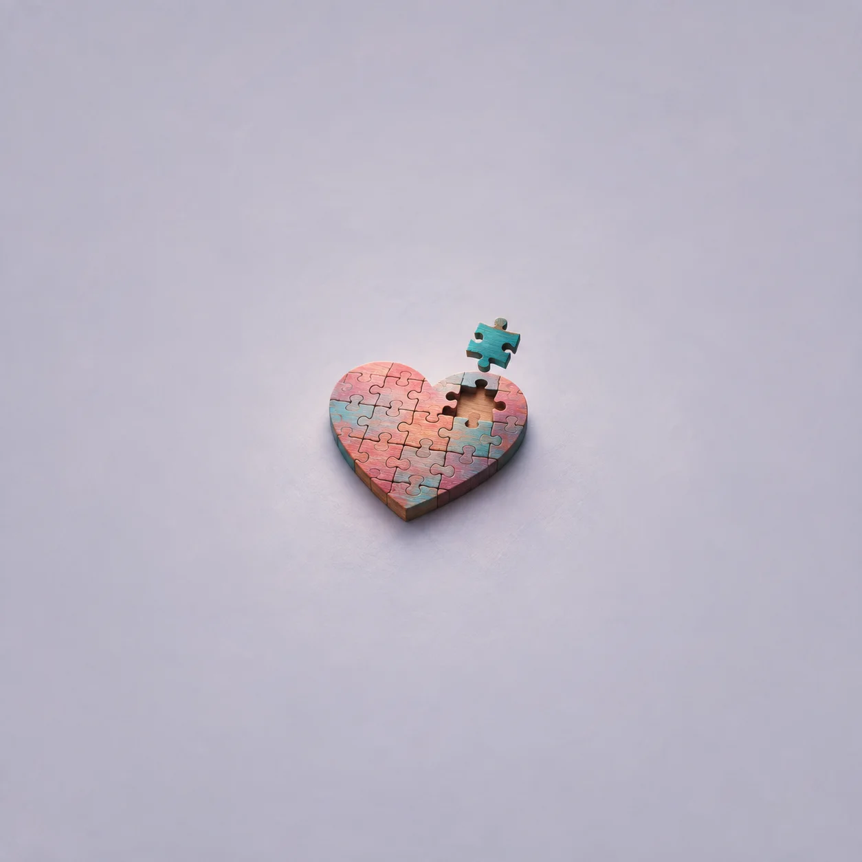 A heart-shaped puzzle with one missing piece and a small turquoise piece hovering above it.
