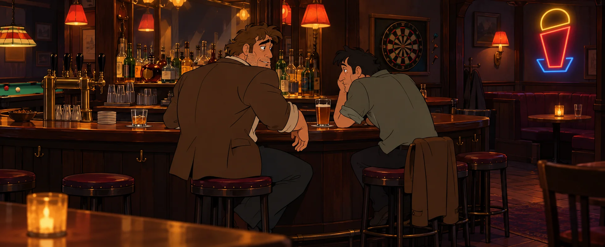 Two men talk at a dim cartoon bar under neon signs, one leaning in with advice.