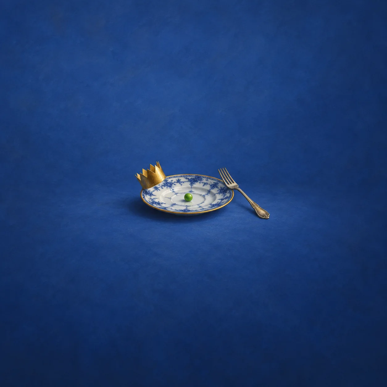 A small gold paper crown on the rim of a blue-and-white plate holding a single green pea, with a fork beside it.