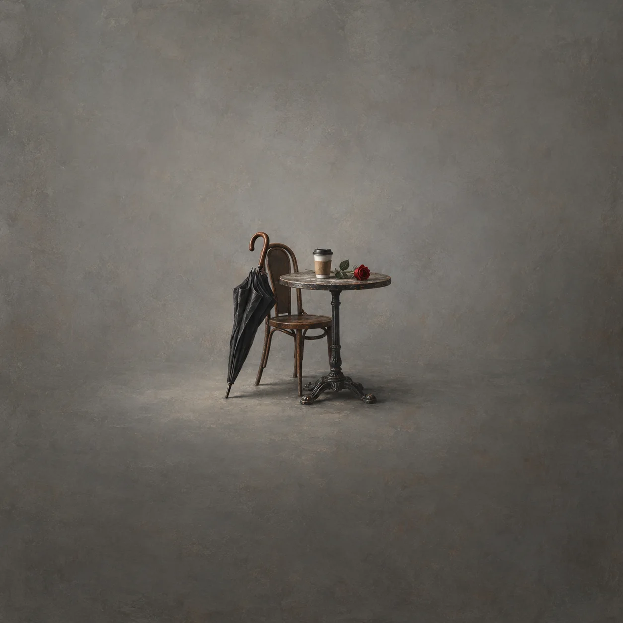 A black umbrella leaning beside a chair and small cafe table holding a coffee cup and a red rose.