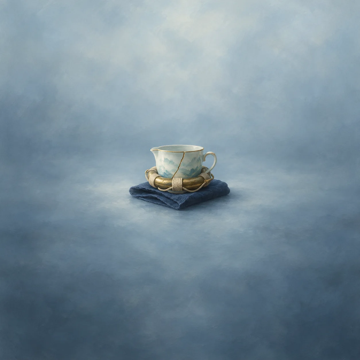 A cracked porcelain teacup is held within brass bands on folded navy cloth.