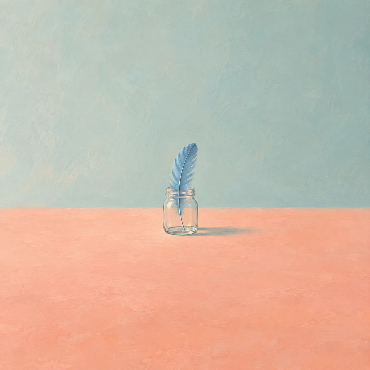 A clear glass jar holding one blue feather on a coral tabletop.