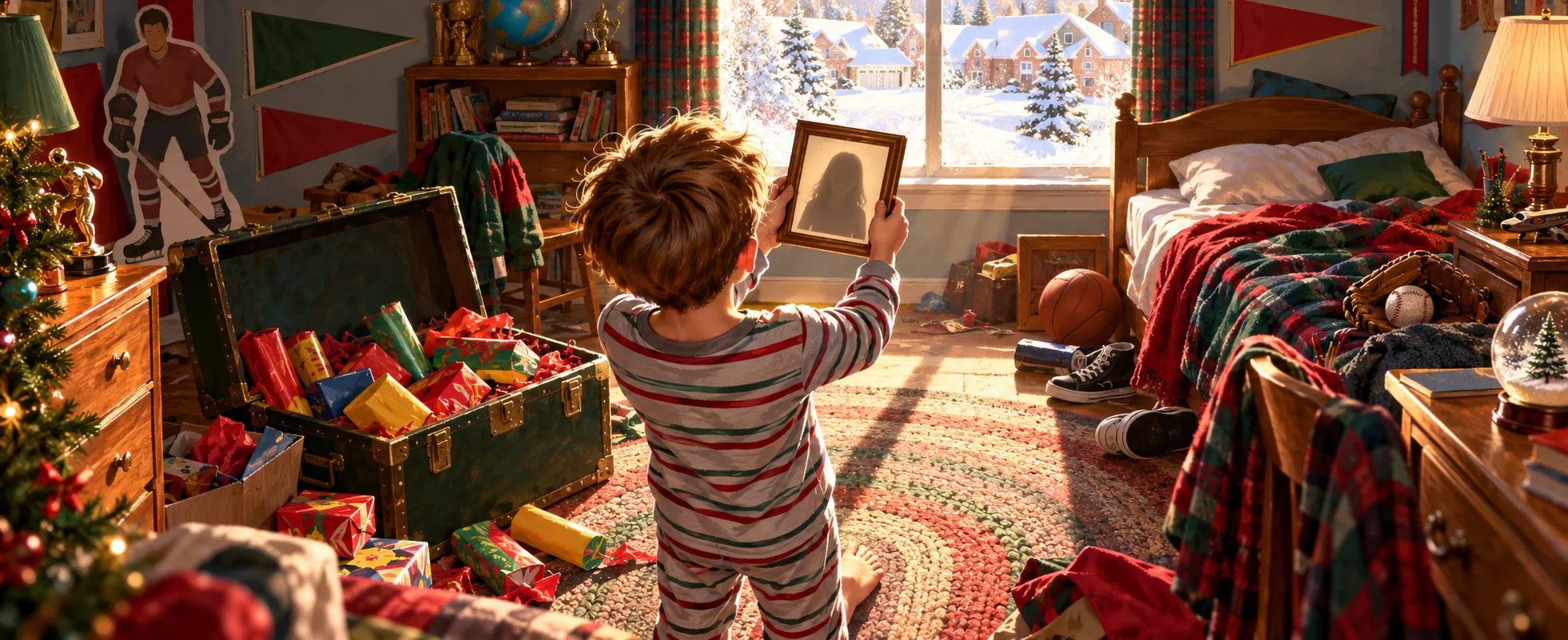 A boy in pyjamas holds up a framed photo in his older brother's cluttered bedroom.