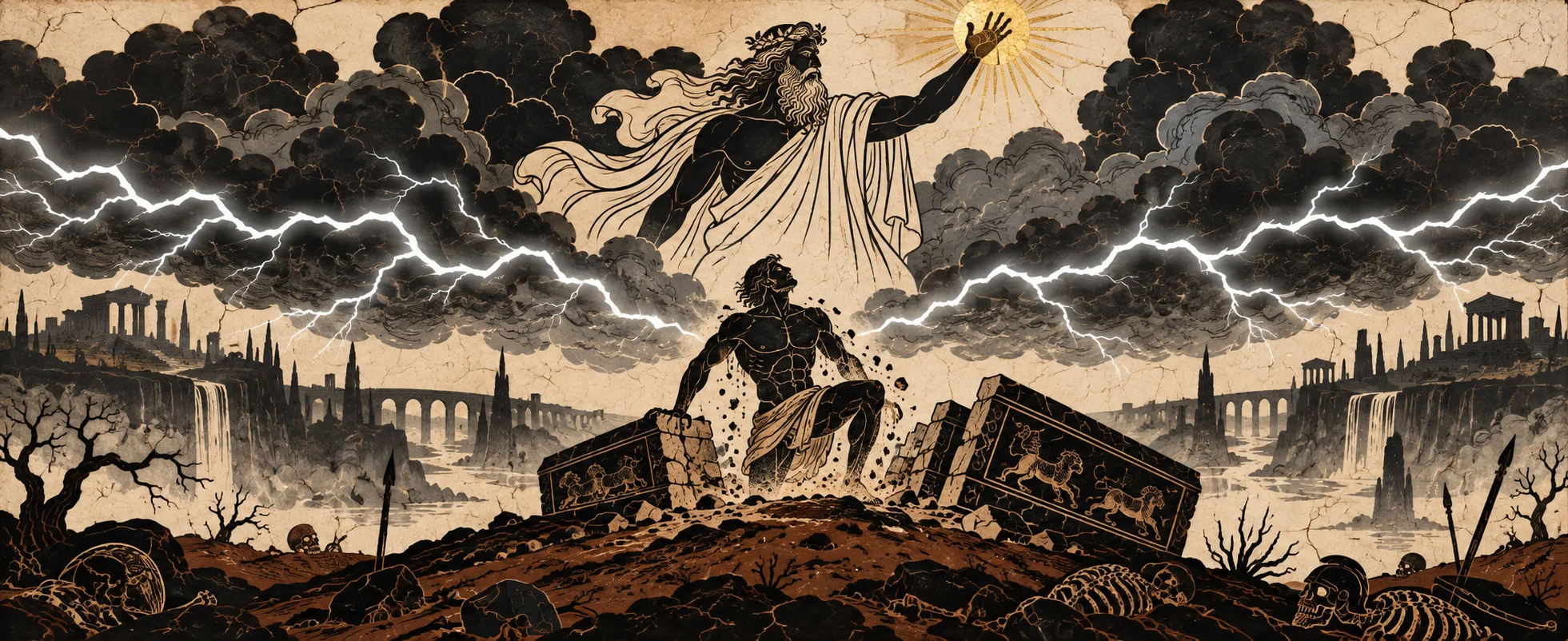 A god in the storm clouds hurls lightning as a muscular warrior bursts from his tomb.