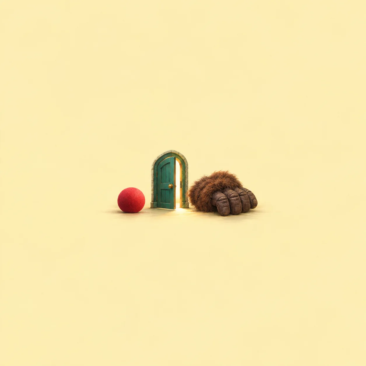 A red ball and a furry brown glove sit on either side of a tiny open green door.