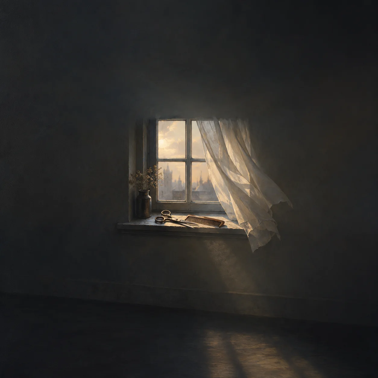 Scissors and a comb rest on a windowsill beneath a billowing sheer curtain in a dim room.