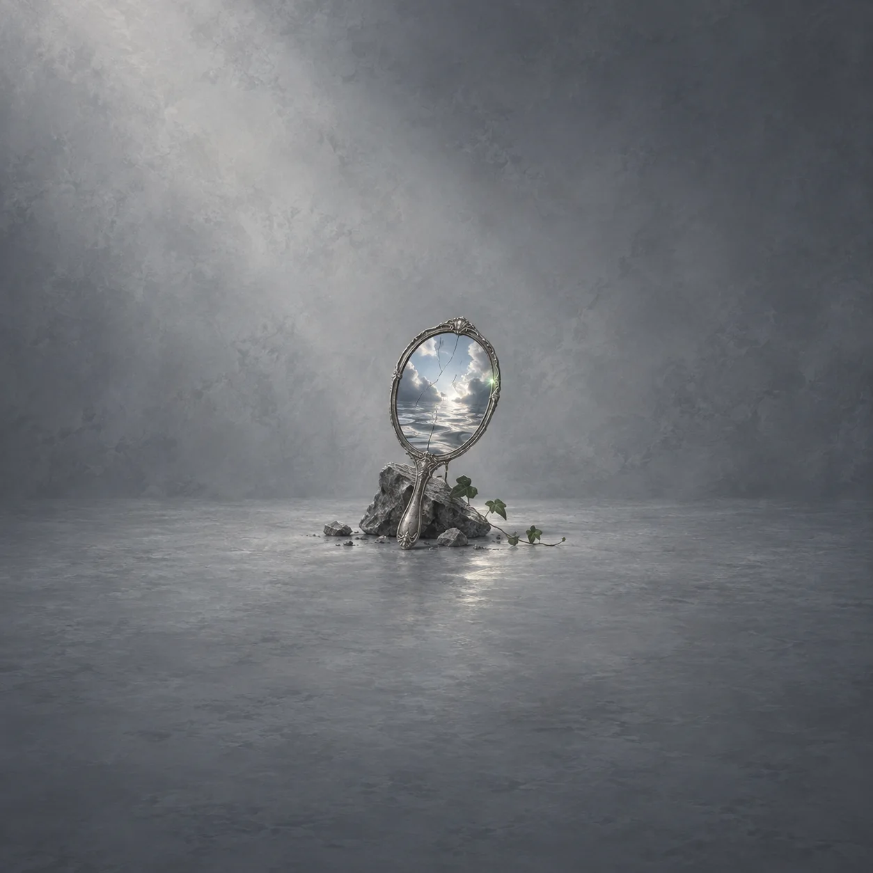 An upright ornate hand mirror reflects a cloudy sky above grey rubble and small green leaves.