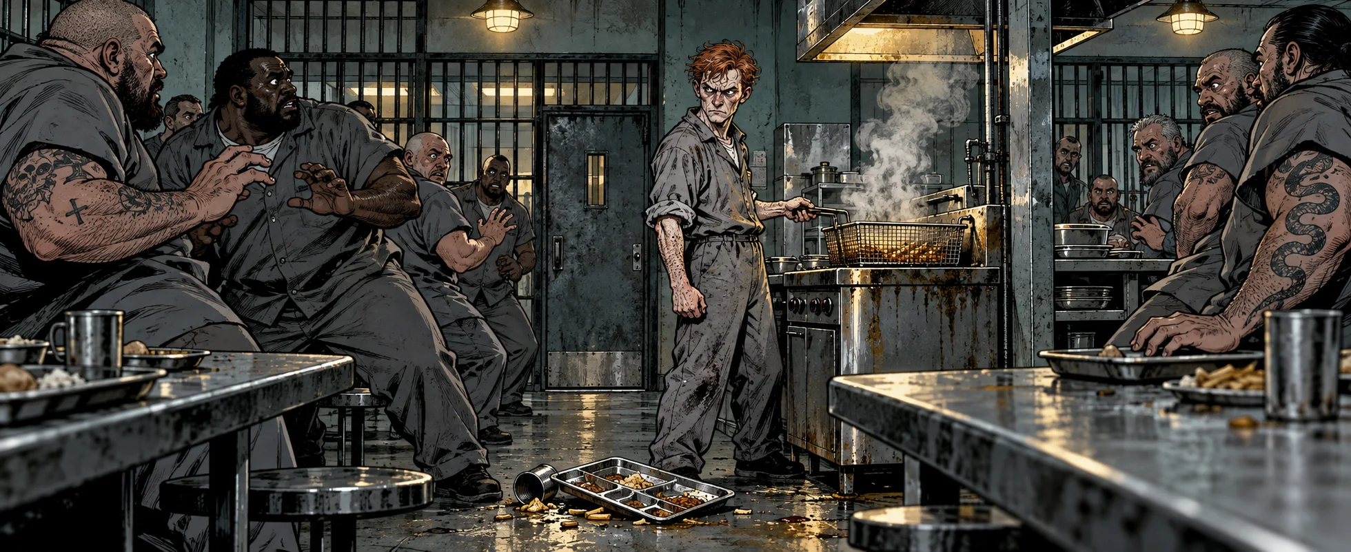 Comic illustration: a short, wiry, red-haired man in grey prison overalls stands by a steaming fryer in a prison canteen, glaring, as much bigger inmates back away from him.