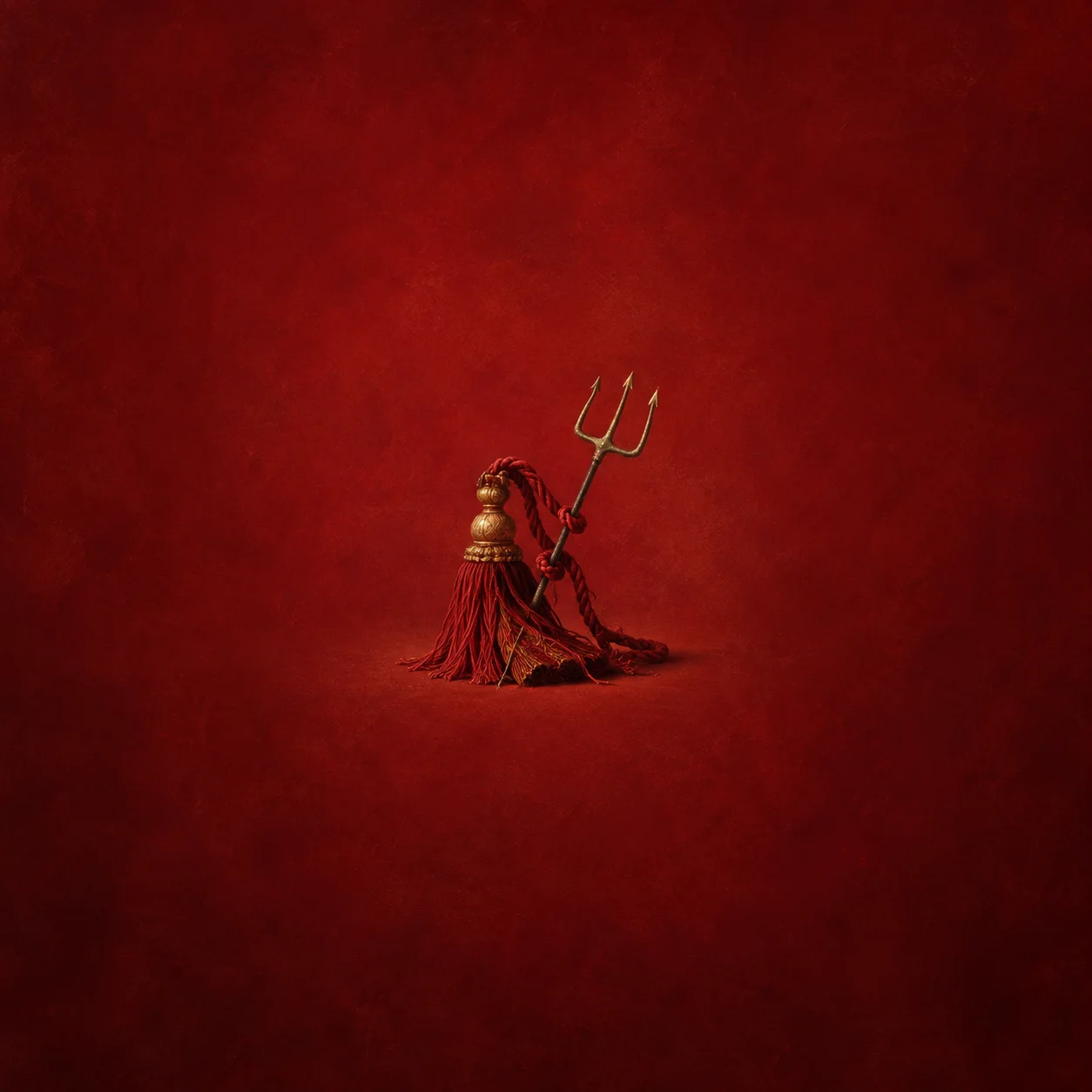 Painterly red curtain tassel entwined with a small three-pronged pitchfork against a red background.