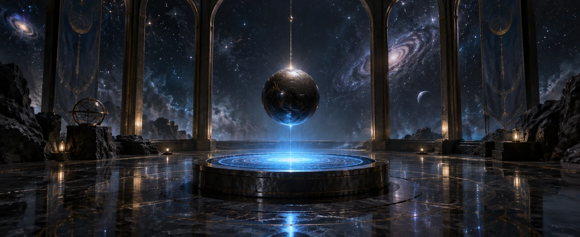 A small dark metal sphere hangs above a glowing blue circular platform in a silent star-filled chamber.