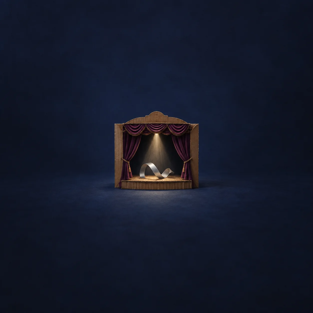 A miniature stage with plum curtains and a silver ribbon in a spotlight.