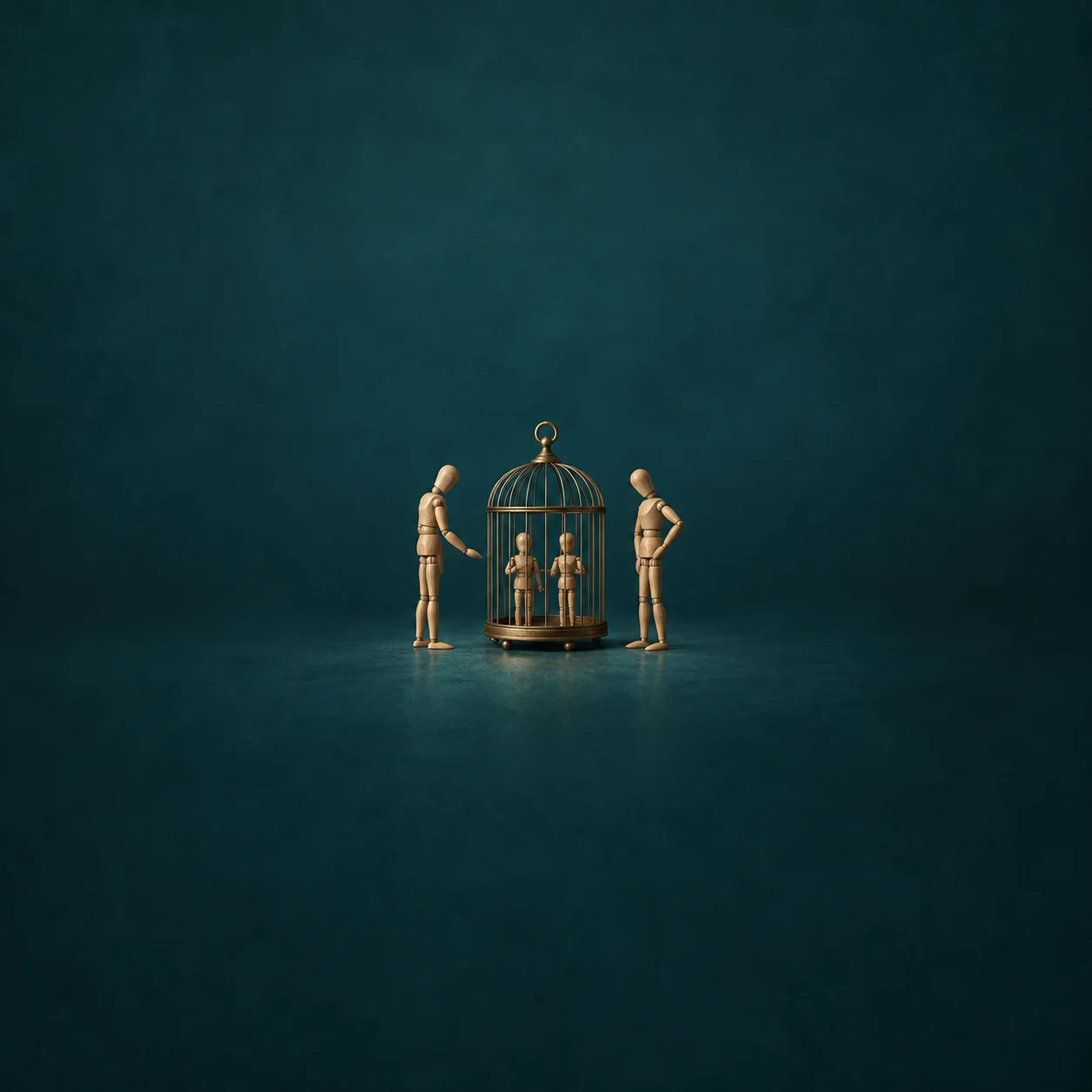 Two small wooden mannequins inside a brass birdcage, flanked by two larger mannequins on a teal background.